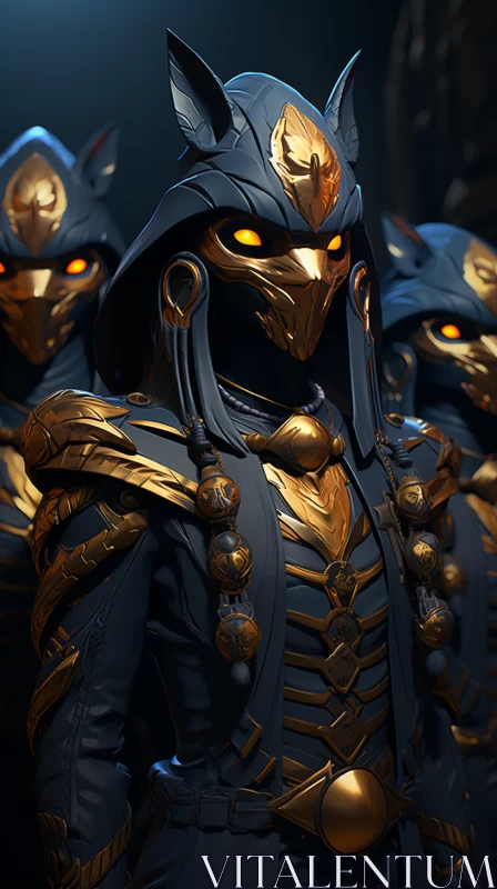 Mysterious Armored Cat Warriors in Indigo and Gold AI Image