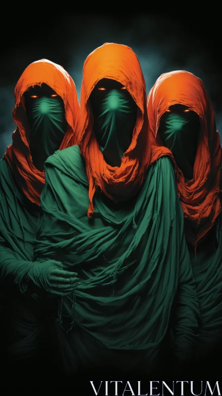 Mysterious Figures in Emerald and Orange AI Image
