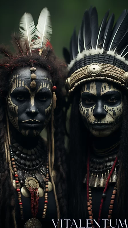 Traditional Headdress Adorned Individuals in Jungle Setting AI Image