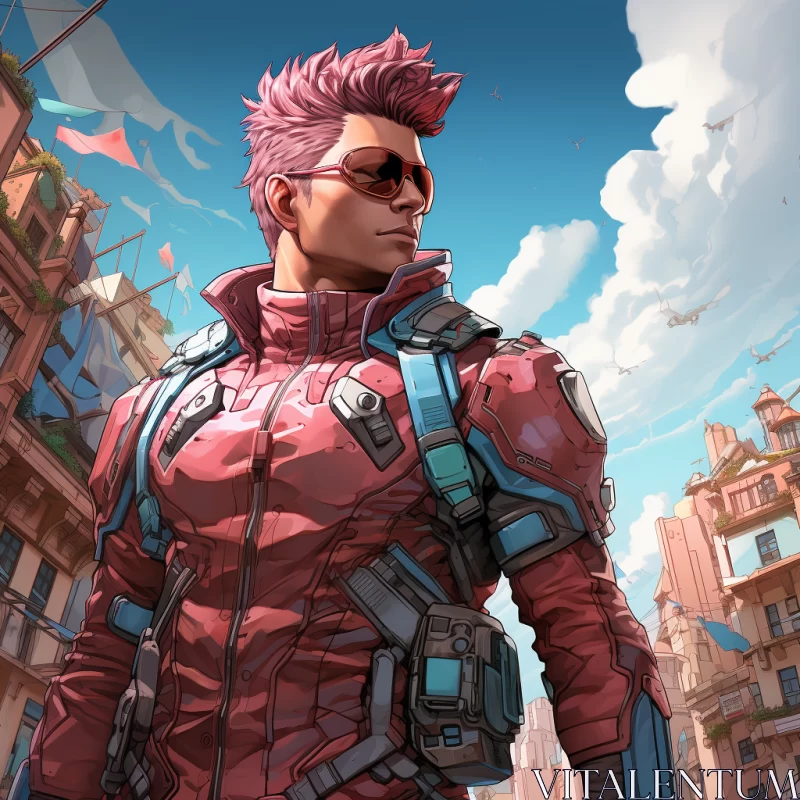 Futuristic Anime Cityscape with Pink-Haired Man AI Image