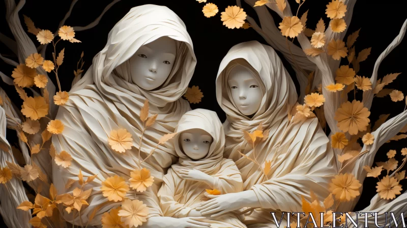 Hauntingly Beautiful Sculptures: Madonna and Child Amidst Trees AI Image