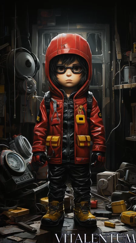 AI ART Boy in Red Outfit Amidst Items - Mysterious Illustration