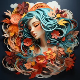 Intricate Paper Art of Woman with Blue Hair and Flowers