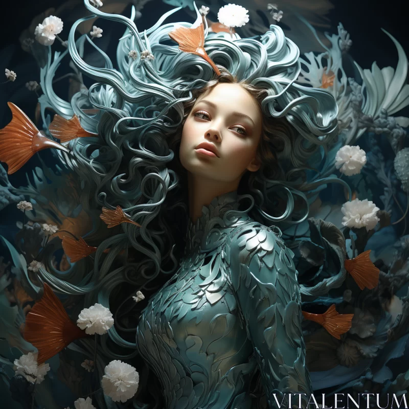 Surreal Aquamarine Dreams: Woman, Fishes, and Intricate Foliage AI Image