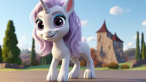 Small Purple Unicorn Standing in Front of a Castle - Elegant and Emotive AI Image