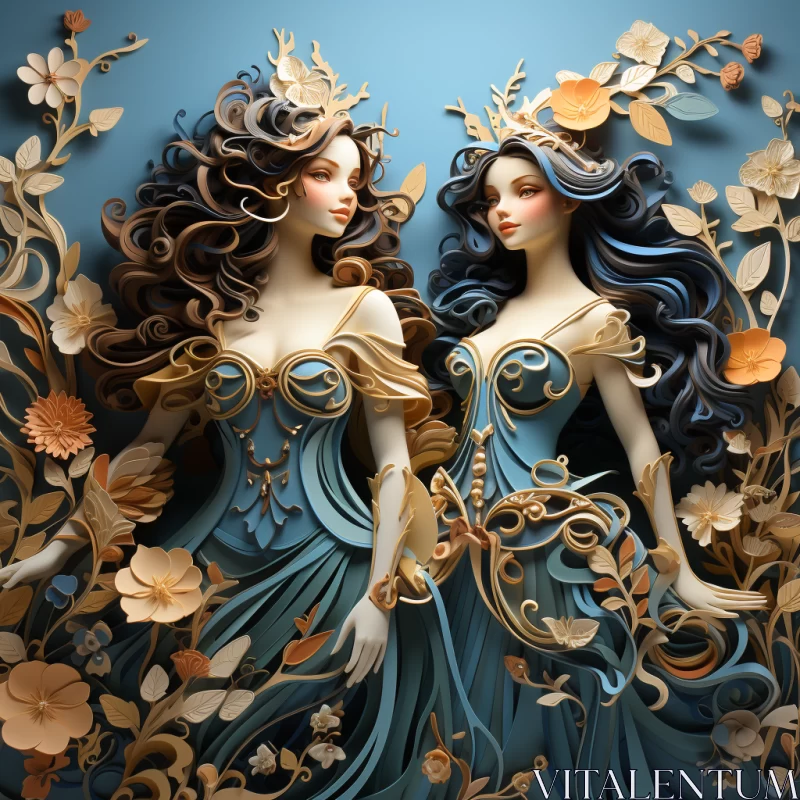 Fairy Tale Illustration of Floral Women in 3D Papercutting AI Image