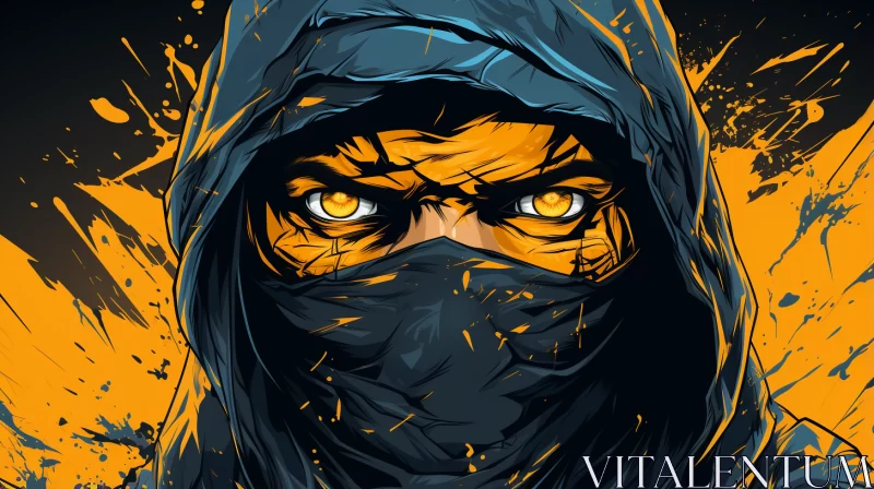 Intense Gaze of a Hooded Figure Against an Orange Background AI Image