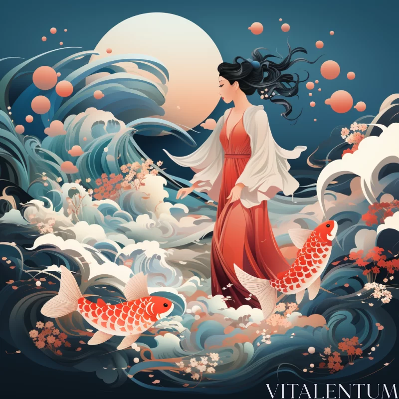 AI ART Oriental Woman with Koi Carp in a Romantic Moonlit Seascape
