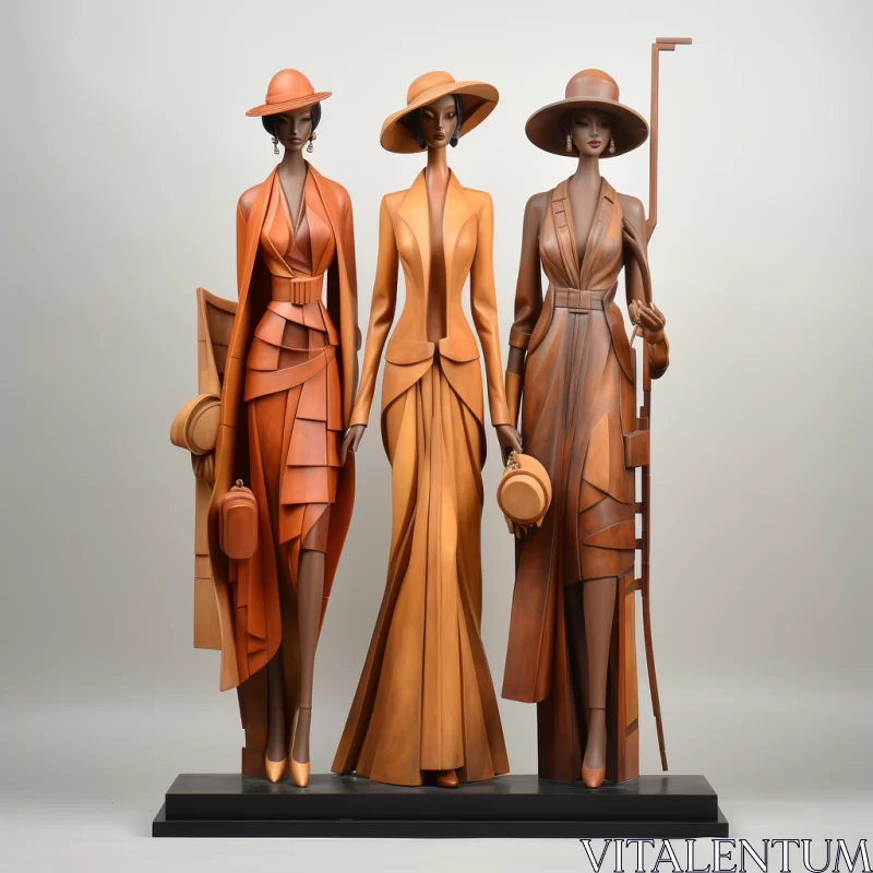 Elegant Wooden Sculptures of Women in Formal Attire AI Image