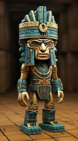 Gold and Blue Aztec Figure with Intricate Woodwork