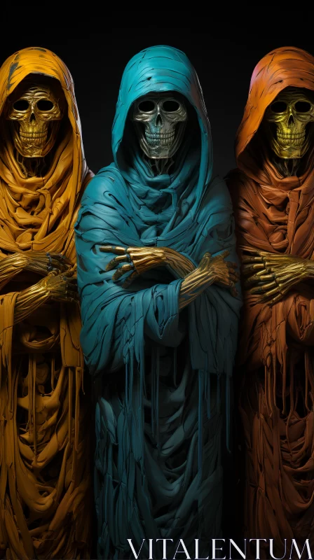 AI ART Enthralling Triptych of Colorful Skeletons in Hooded Robes
