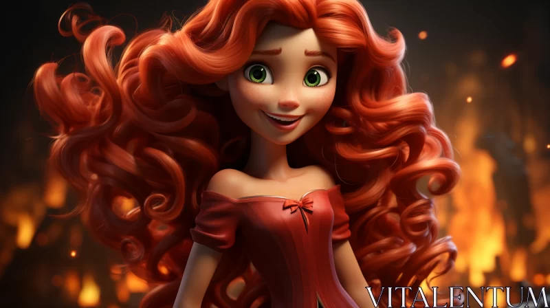 Enchanting Fiery-Haired Princess Against a Vivid Green Backdrop AI Image