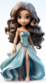 Detailed 3D Doll with Long Hair and Blue Dress AI Image