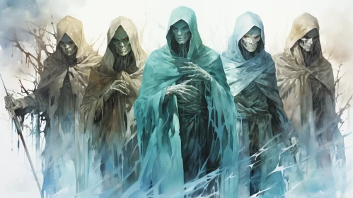 Grim Hooded Creatures in Frozen Marble - A Chilling Artwork AI Image
