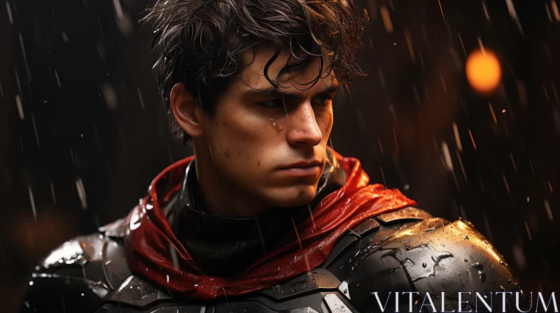 Armored Warrior in Rain - An Atmospheric Portrait AI Image