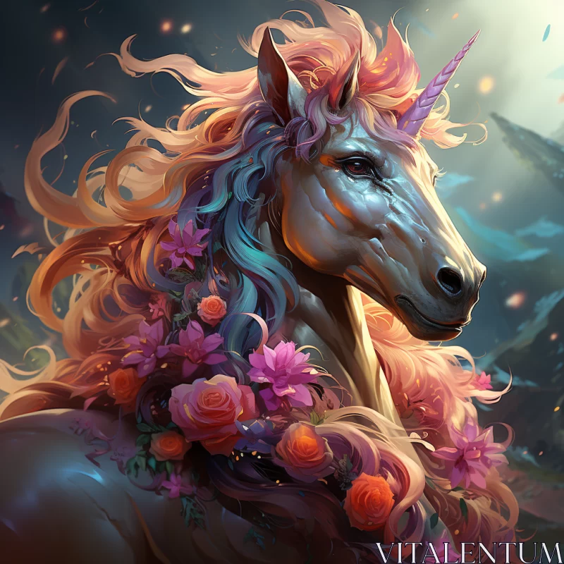 AI ART Enchanting Unicorn Adorned with Flowers - Cartoon Fantasy Art