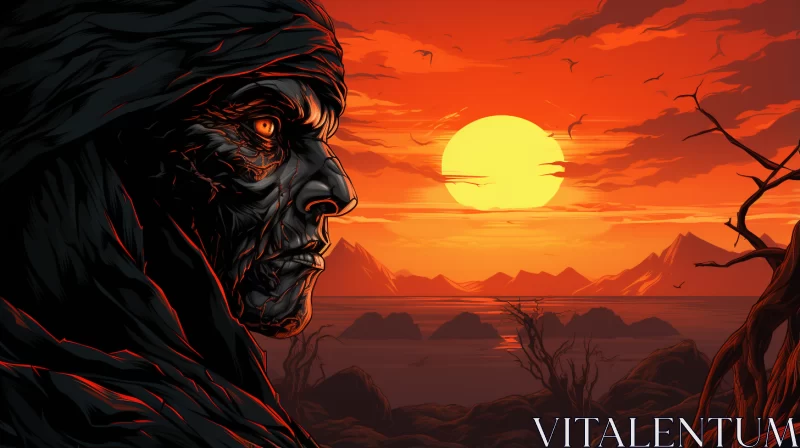 Zombie Man at Sunset: A Macabre Portrait AI Image