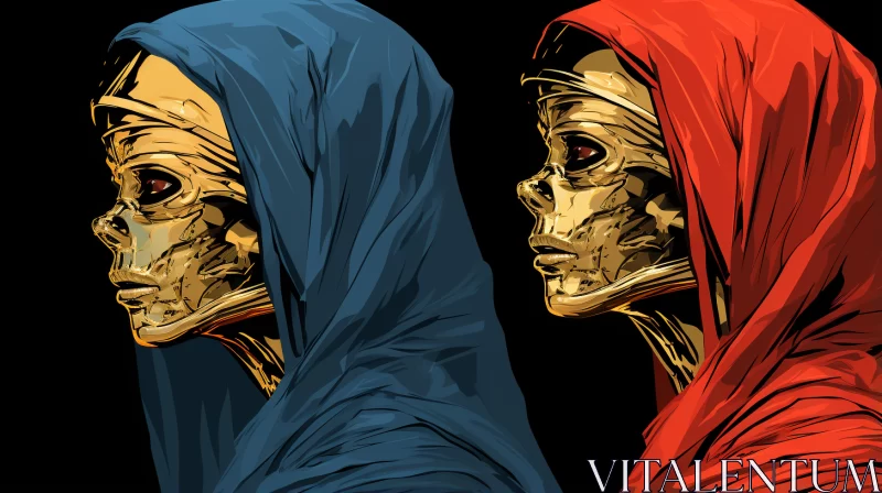 Surreal Skulls Artwork: A Fusion of Gold, Blue, and Red AI Image