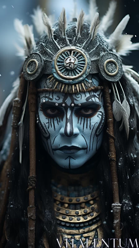Enigmatic Woman with Feather Adornments and Blue Makeup AI Image