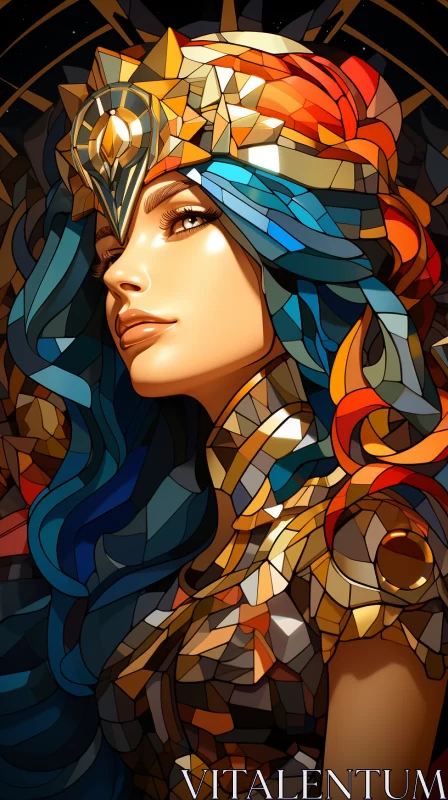 Stained Glass Art of Fantasy Girl with Warrior Crown AI Image