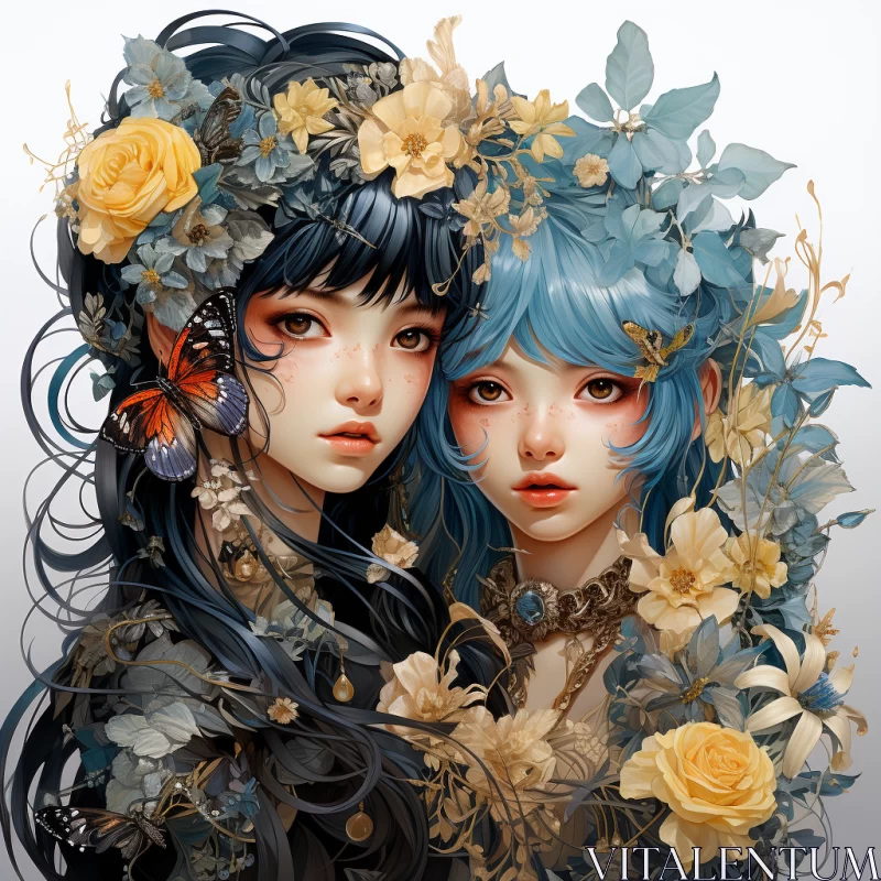 Enchanting Female Characters in Fantasy Art with Floral Elements AI Image