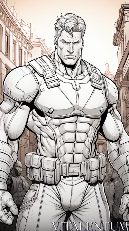 Comic Book Character in Cityscape - Monochrome Image AI Image
