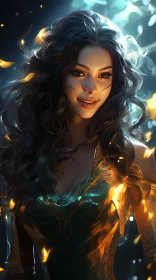 Enchanting Princess Elf in Golden Light with Fireflies AI Image