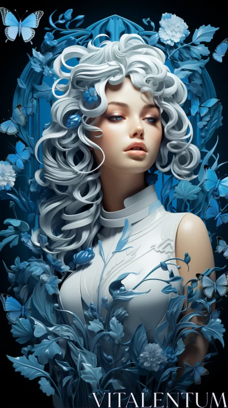 Sapphire Blue Floral Woman with White Hair and Intricate Insect Details AI Image