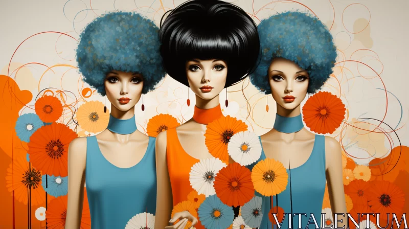 AI ART Retro Glamour: Trio of Models Amidst Flowers