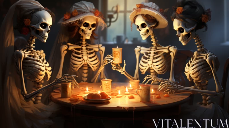 AI ART Skeleton Gathering in Lively Tavern - Charming 2D Game Art