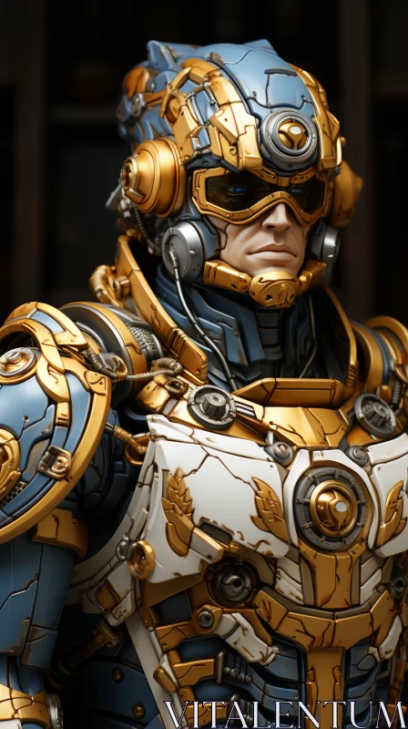 Gold and Blue Sci-fi Baroque Character in Detailed Gear AI Image