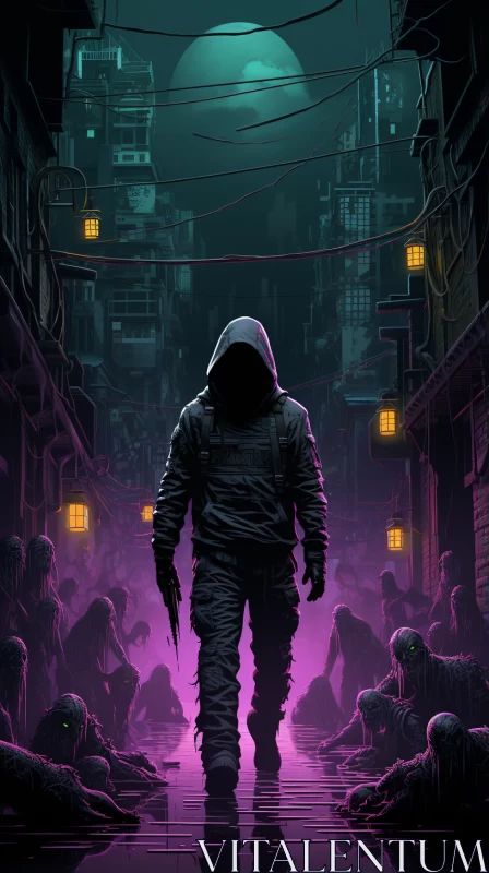 Zombie Man Walking in Neon-Lit Street - Cyberpunk Illustration AI Image