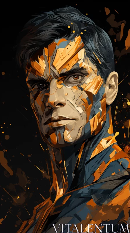 Intense Gaze: Stylized Face Illustration in Orange and Gold AI Image