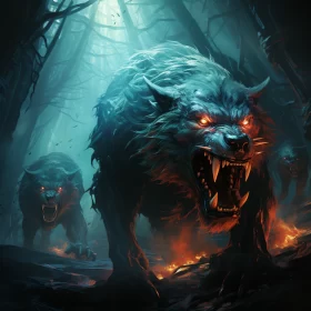 Dangerous Wolves and Demons in Forest: An Energy-filled Illustration AI Image