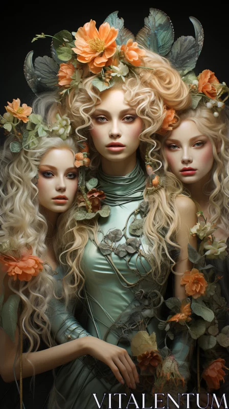 Ethereal Portrait of Three Women with Floral Elements AI Image