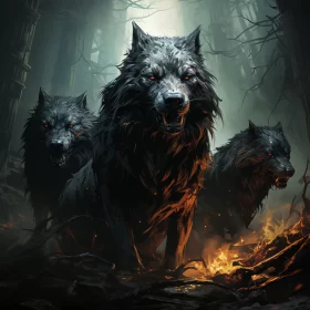 Chilling Scene of Wolves in a Forest Fire AI Image