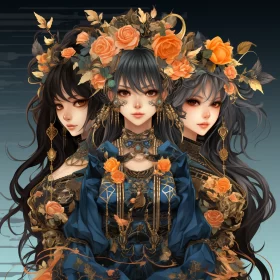 Gothic-Influenced Anime Art: Three Chinese Women with Flowers