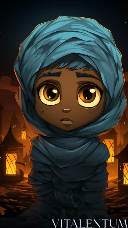 Gothic-Inspired Animated Child Illustration in Village Setting