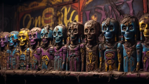 Intricate and Colorful Wooden Heads Art Display