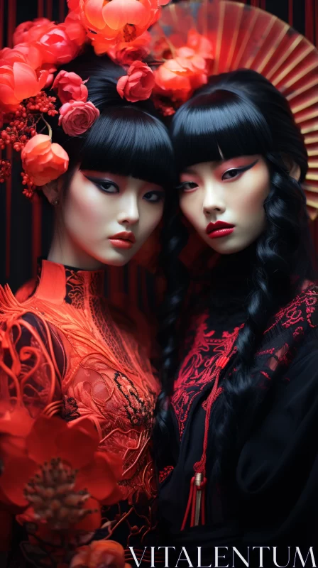 Crimson Clad Chinese Women with Oriental Makeup AI Image