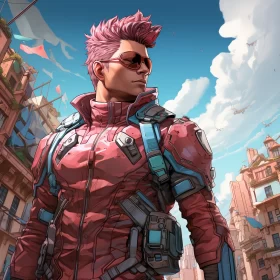 Futuristic Anime Cityscape with Pink-Haired Man AI Image