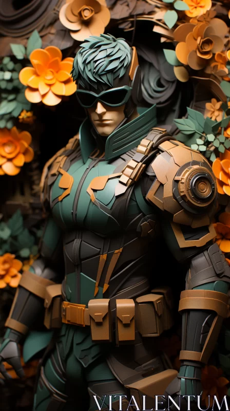 AI ART Armored Figure Amid Flowers - Detailed Paper Craft