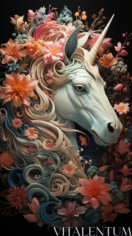 Enchanting Unicorn amidst Blossoms: A Detailed Portrayal AI Image
