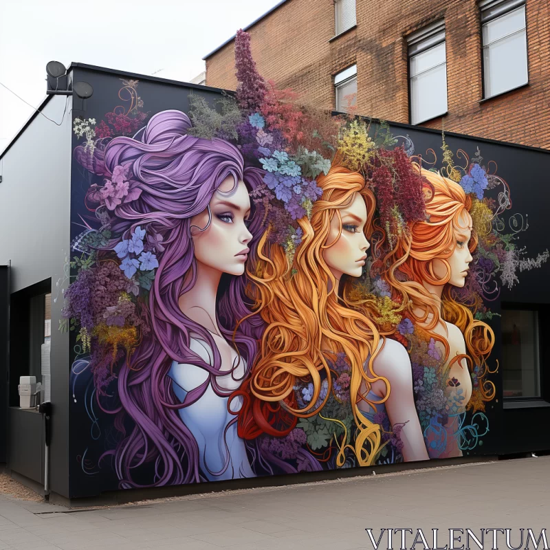 Enigmatic Mural of Three Women Amidst Floral Scenery AI Image