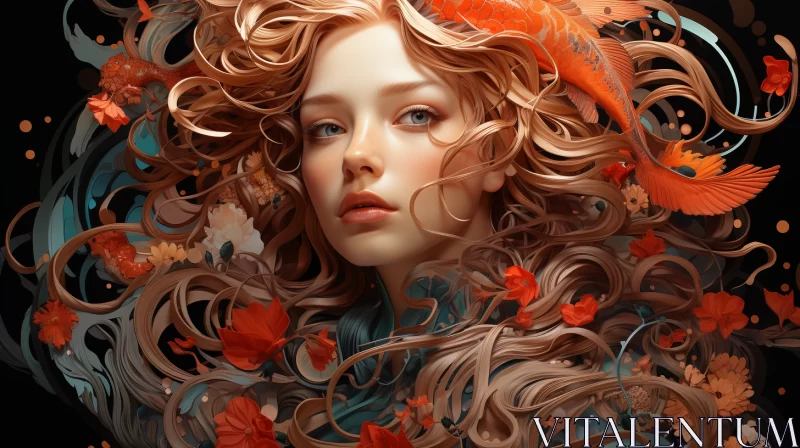 AI ART Girl with Red Curly Hair Amid Detailed Foliage - Realism Meets Fantasy