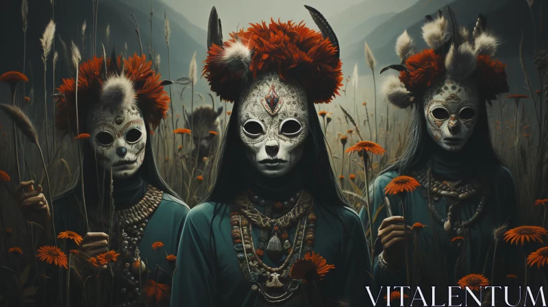 Mysterious Women in Skull Masks and Feathers in Field AI Image