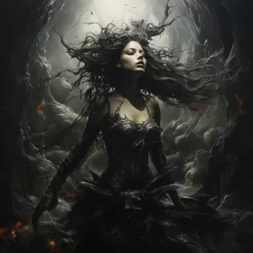 Enigmatic Witch in a Dark Cave - Monochromatic Fantasy Art AI Image