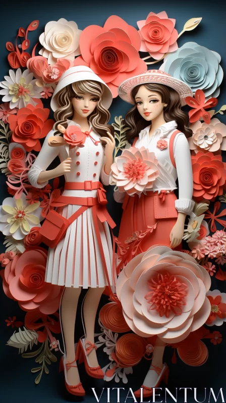 AI ART Romantic Paper Art: Girls in Red Dresses with Roses