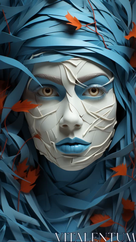 Paper Woman with Blue Leaves: A Surreal Portrait AI Image