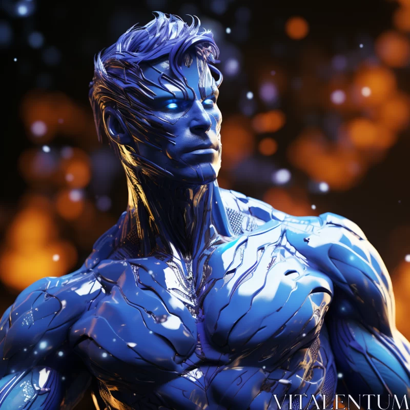 Blue Man in Liquid Metal Style with Contrasting Lights AI Image